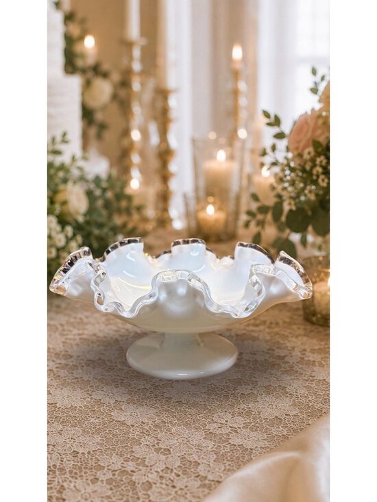 Fenton Other - Fenton Milk Glass Bowl Silver Crest Ruffled Edge Pedestal Compote Candy Dish